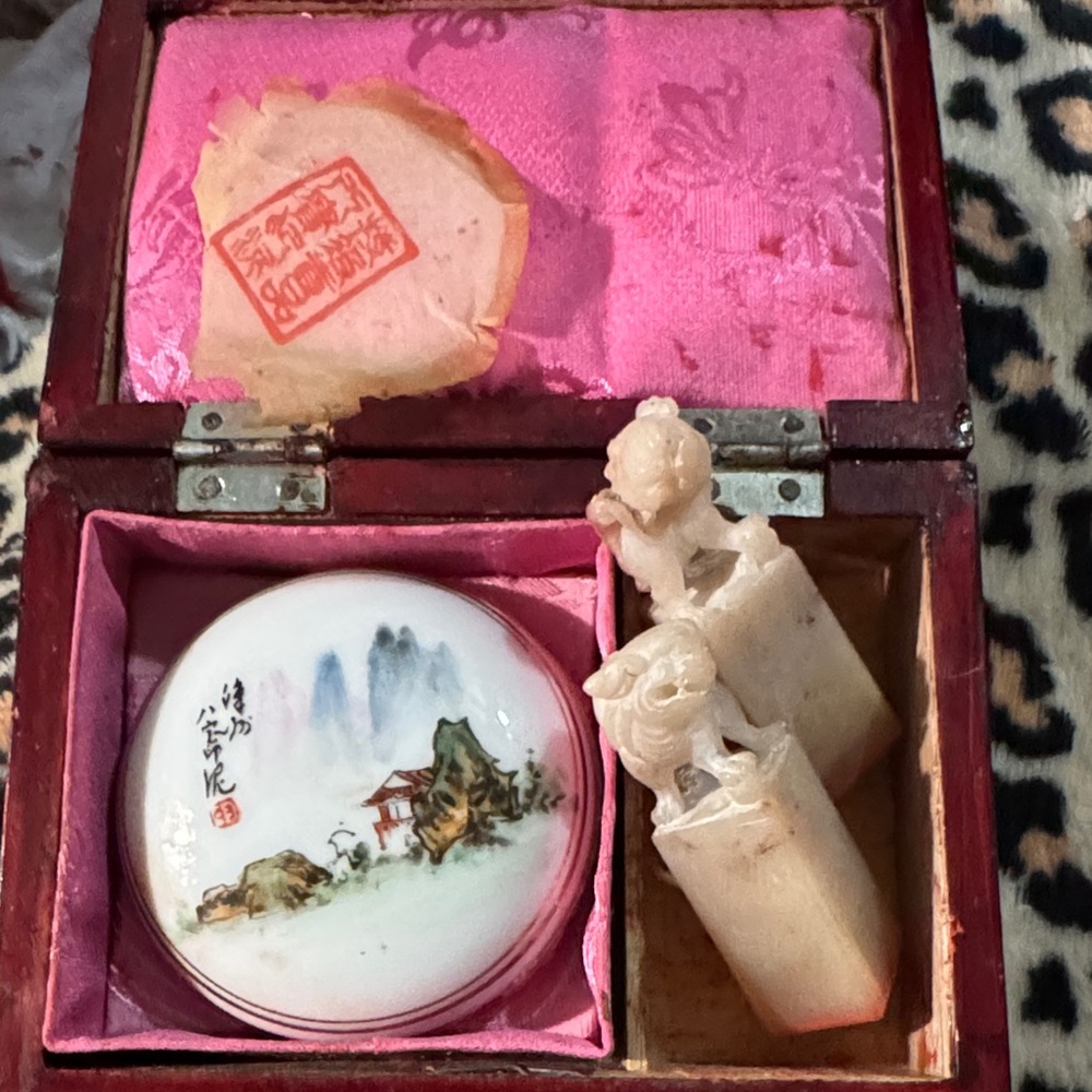 Elegant Chinese Art Set with Pink and White Accents. Wooden box